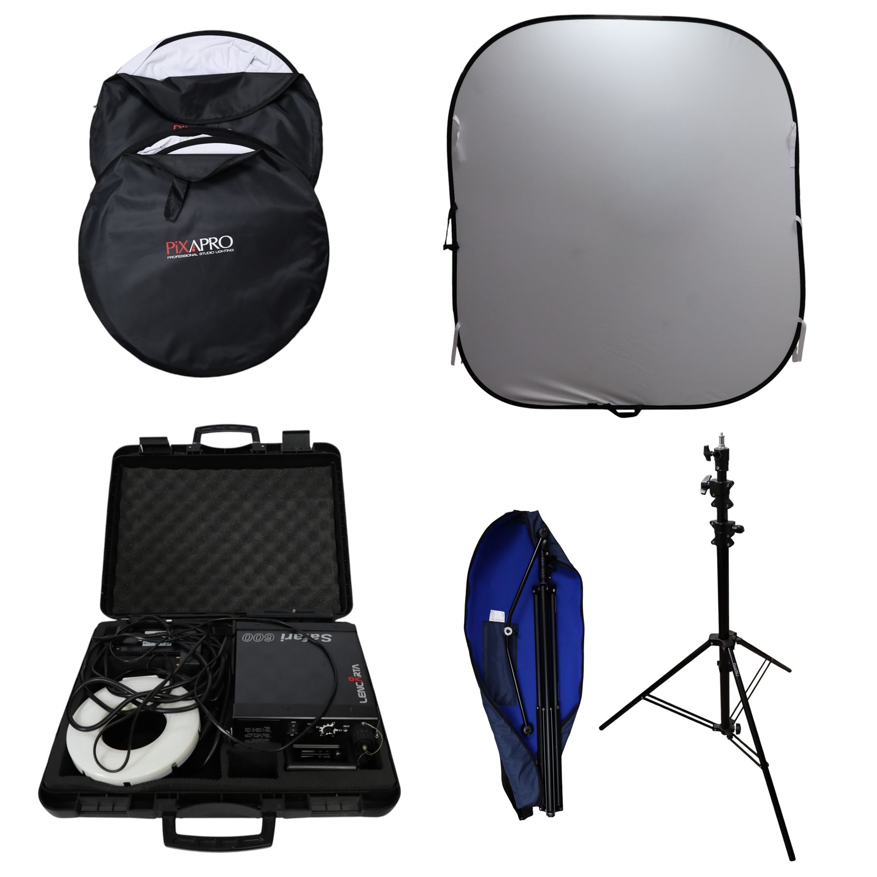 Photography lighting equipment, comprising Lastolite background, two Pixapro reflectors, Manfrotto tripod and Lencarta Safari 600 ring flash