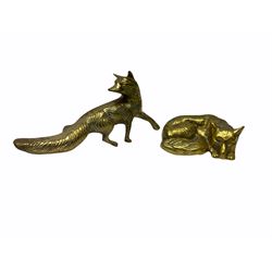 Arts & Crafts letter rack H15cm, two brass Foxes H10cm and H3.5cm, brass anvil paperweight, set of brass sovereign scales etc 