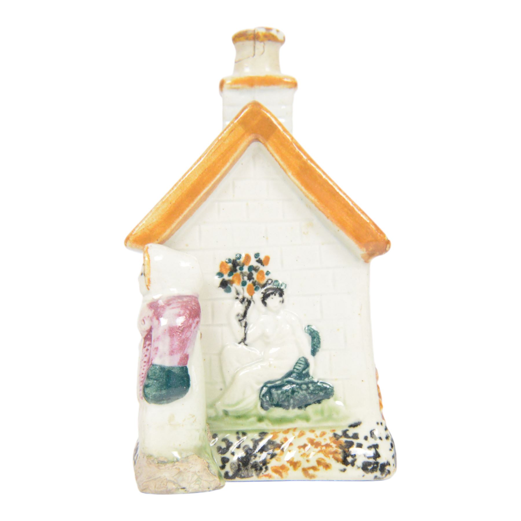 19th Century Staffordshire pearlware Prattware type money box, modelled as a houe with two figures to the front corners, H13cm