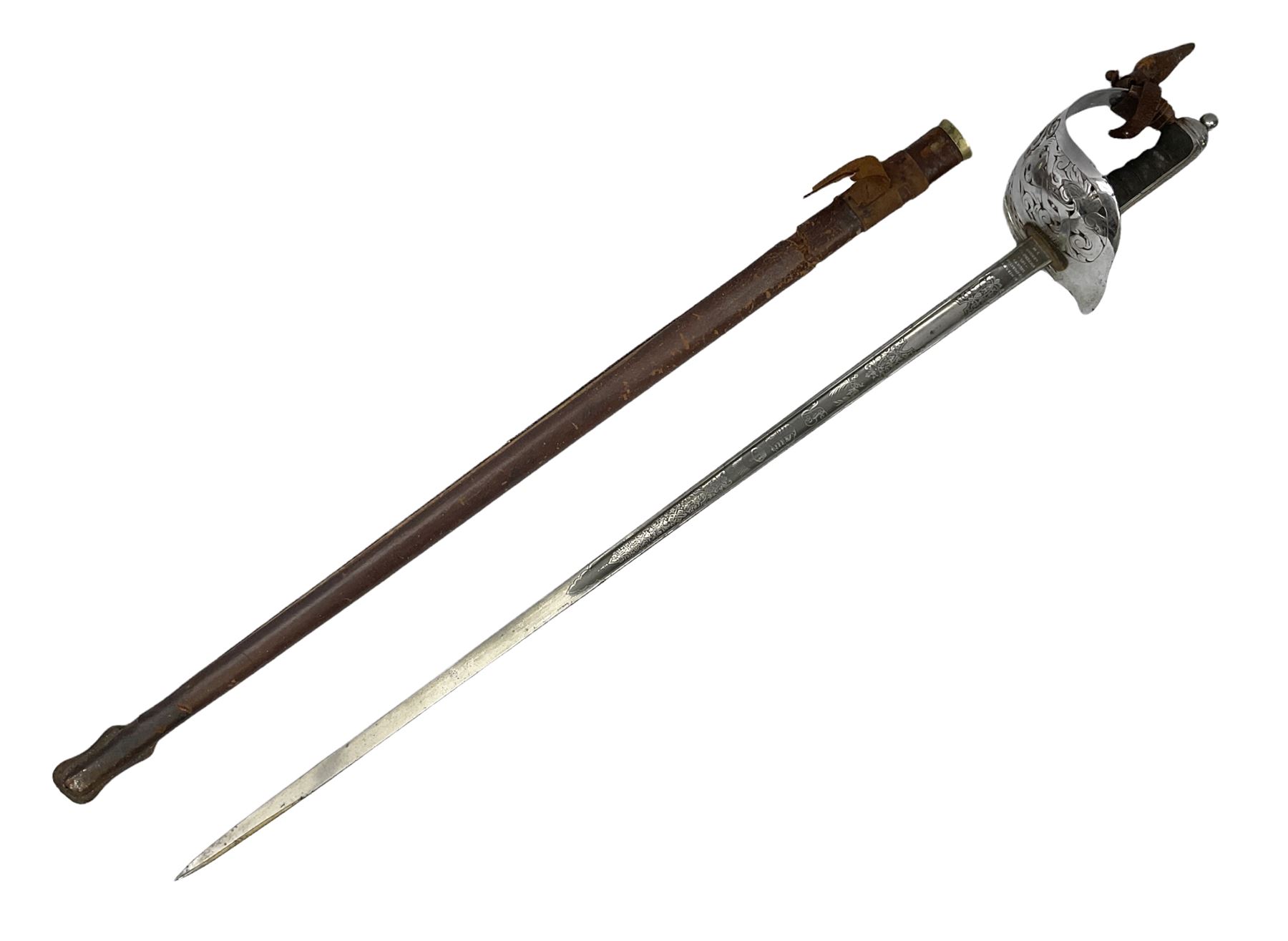 British George V 1897 Pattern Infantry Officers Sword, the 82.5cm fullered steel blade etched and polished with crowned royal arms, GRV cyphers and scrolling foliage, marked Army & Navy Co-operative Society 105 Victoria St London SW to the ricasso,  plated pierced basket hilt with wire bound fish skin grip and leather knot, No.15032; in leather covered scabbard