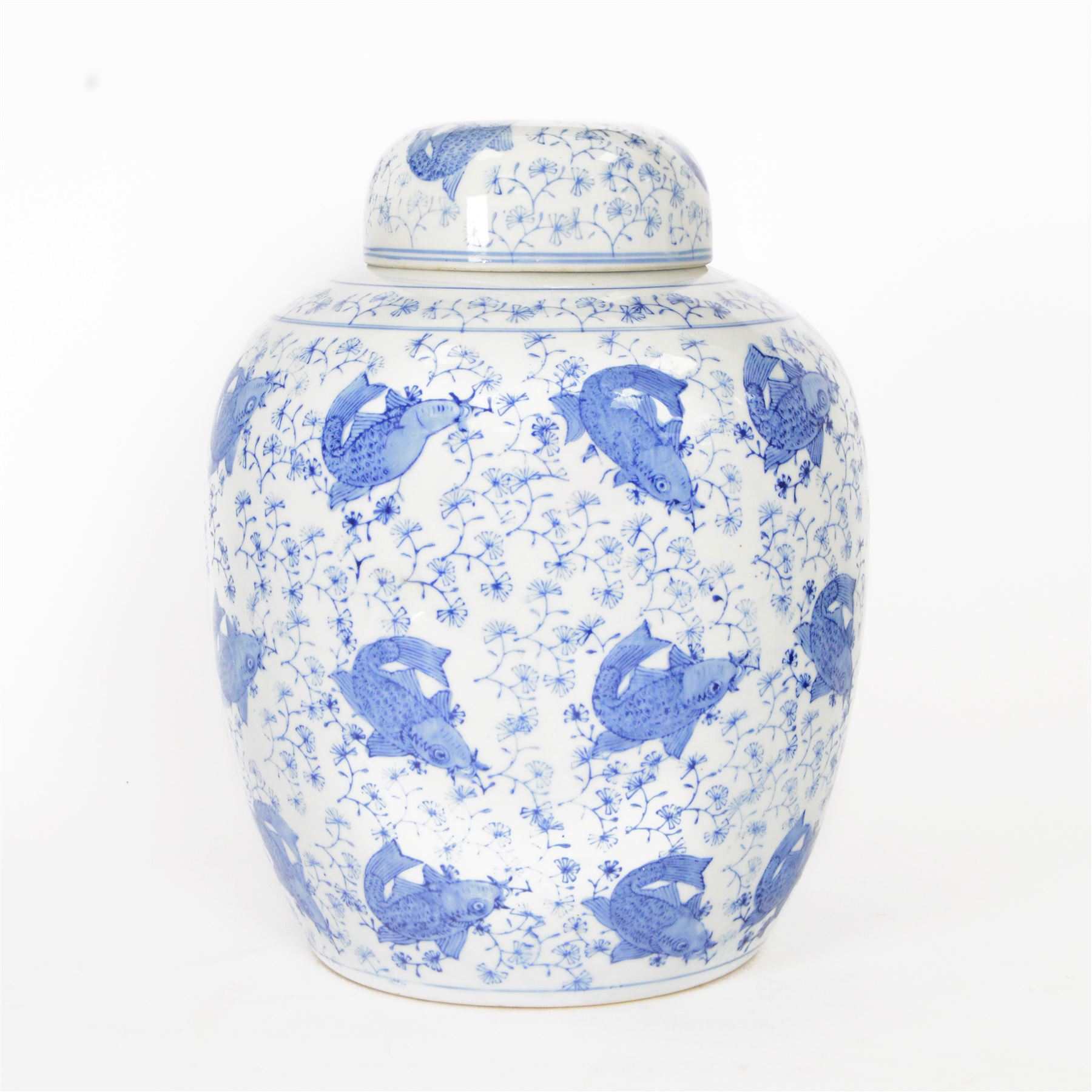 Blue and white ginger jar, decorated in a repetitive pattern of fish swimming amongst dense clusters of aquatic foliage, H40cm