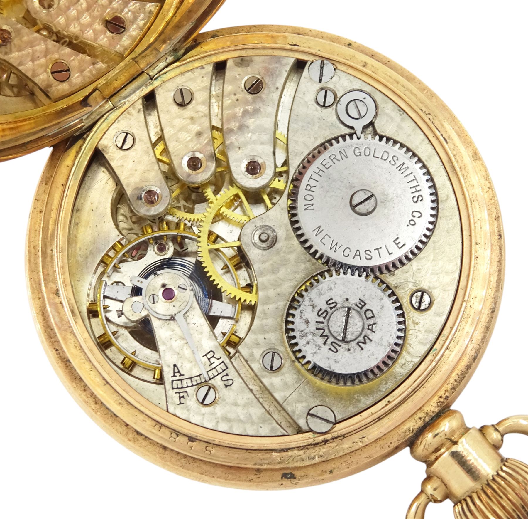 Early 20th century gold-plated open face Admiralty keyless Swiss lever pocket watch by Northern Goldsmiths Co, Newcastle, white enamel dial with Roman numeral hour markers and subsidiary seconds dial, case by Dennison