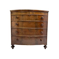 Victorian mahogany bow front chest, banded frieze with satinwood stringing, fitted with four drawers, on turned feet