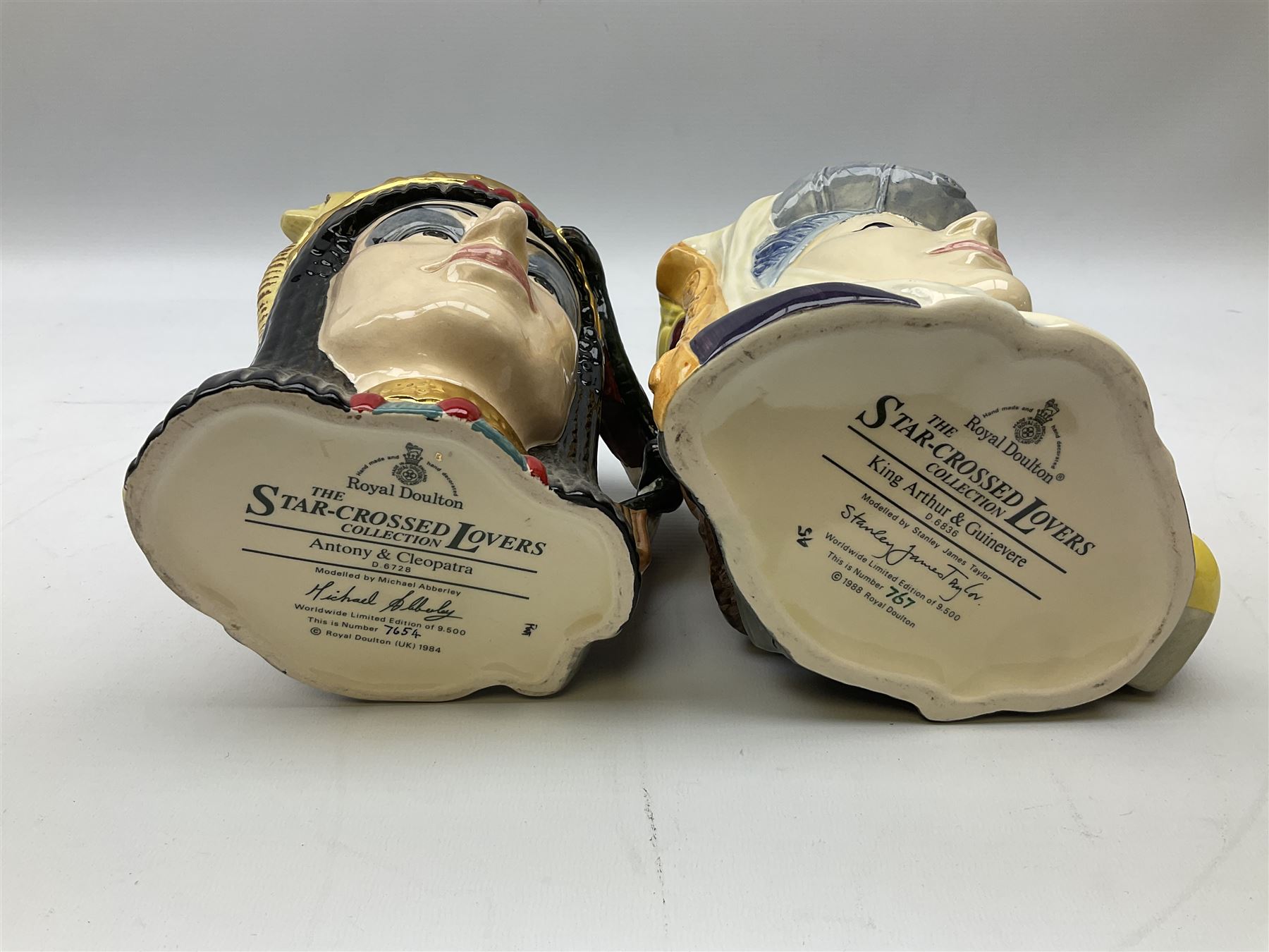 Royal Doulton double-sided character jugs from the Star Crossed Lovers Collection, comprising Napoleon & Josephine D6750, King Arthur & Guinevere D6836, Samson & Delilah D6787 and Antony & Cleopatra D6728
