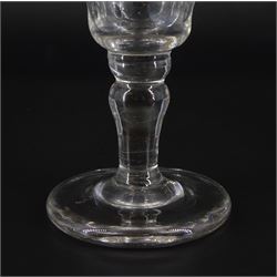 Large 19th century firing glass, the funnel bowl upon thick firing foot, H11cm, together with a further 19th century drinking glass, the funnel bowl cut with circles, upon a baluster stem and firing type foot, H11cm, and a 19th century dwarf ale glass upon a firing type foot, H13cm 
