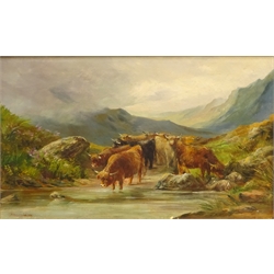  Highland Cattle Watering, 19th/20th century oil on canvas signed J MacPherson 30cm x 50cm  