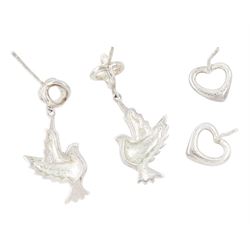 Tiffany & Co two pairs of silver stud earrings including pendant dove earrings designed by Paloma Picasso and heart earrings designed by Elsa Peretti