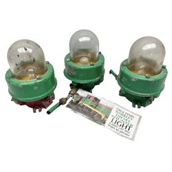 Railway Interest - three 1950s Barkley Diesel Shunter lights with green painted metal bodies and domed clear glass shades H25cm (3)