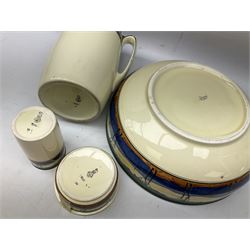1930's Art Deco Royal Doulton ceramics decorated with stylised trees, comprising washbowl and jug, soap dish and vase