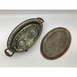 Agricultural copper corn funnel, H32.5cm, another similar copper funnel and copper warming platter of oval form, with twin handles on four supports, with removeable warming plate, L49cm