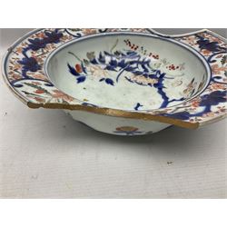 19th Century Imari pattern Japanese blood letting bowl, together with 19th century chinese blue and white square dish with decorated with blossoming flowers, together with thee blue and white saucers 