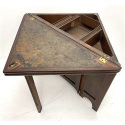George III oak and mahogany corner campaign desk, single cupboard, folding top enclosing inset leather writing pad

