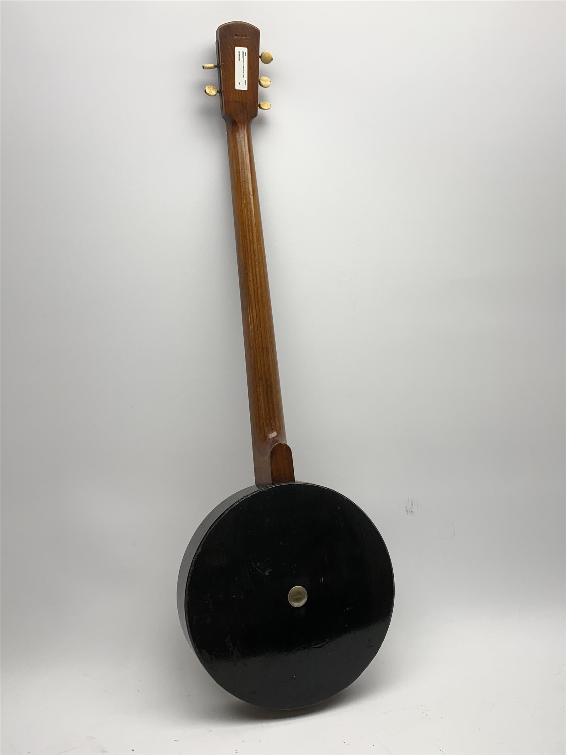 Early 20th century five-string banjo with ebonised frame and walnut neck, the headstock with engraved nickel plated mounts, impressed No.44A, L91cm