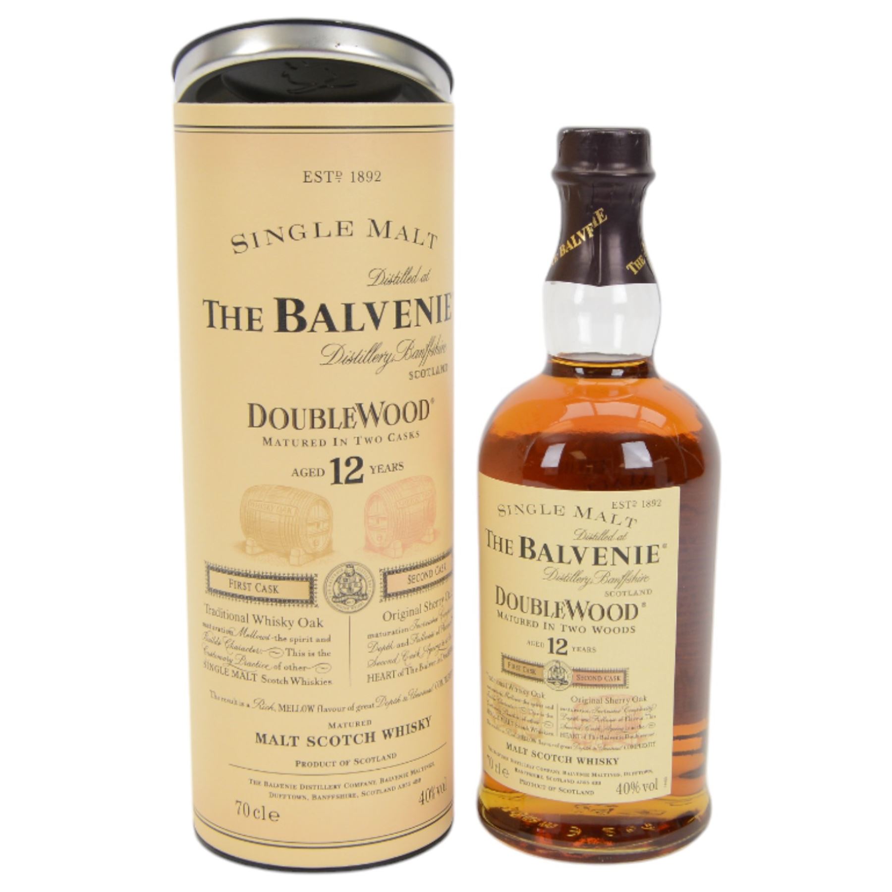 Longmorn, 15 year old, single Highland malt whisky 1 liter, 45% vol and Balvenie Doublewood 12 year old malt Scotch whisky, 70cl 40% vol, both in boxes 