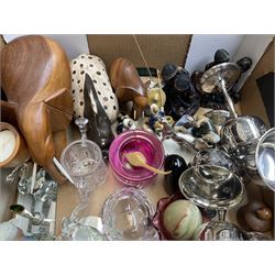 Quantity of glass and metal ware to include silver plate, decanters, paperweight, decanter, coloured glass etc in four boxes