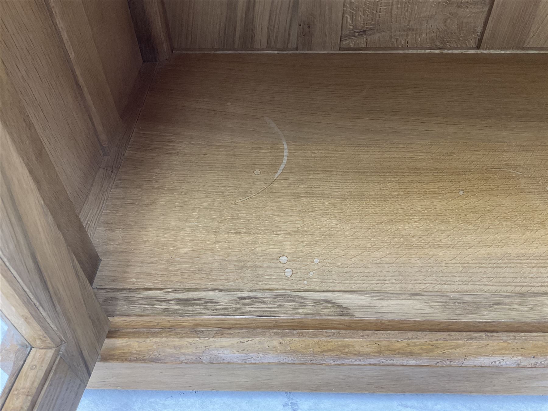 Catman - Yorkshire oak side cabinet, fitted with two glass doors, carved inset Cat signature, by Chris Checksfield of Whitby (Ex Gnomeman)