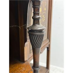 Victorian hardwood and inlaid display cabinet, central breakfront glazed display with astragal glazing and mirror back, flanked by mirrored alcoves with turned supports, below foliate and scrolling marquetry panels enclosing cupboard doors, shaped open shelves with turned supports beneath, on tapered and spade feet