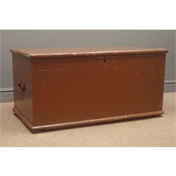  19th century painted pine trunk, hinged lid enclosing fitted interior, W99cm, H49cm, D52cm  