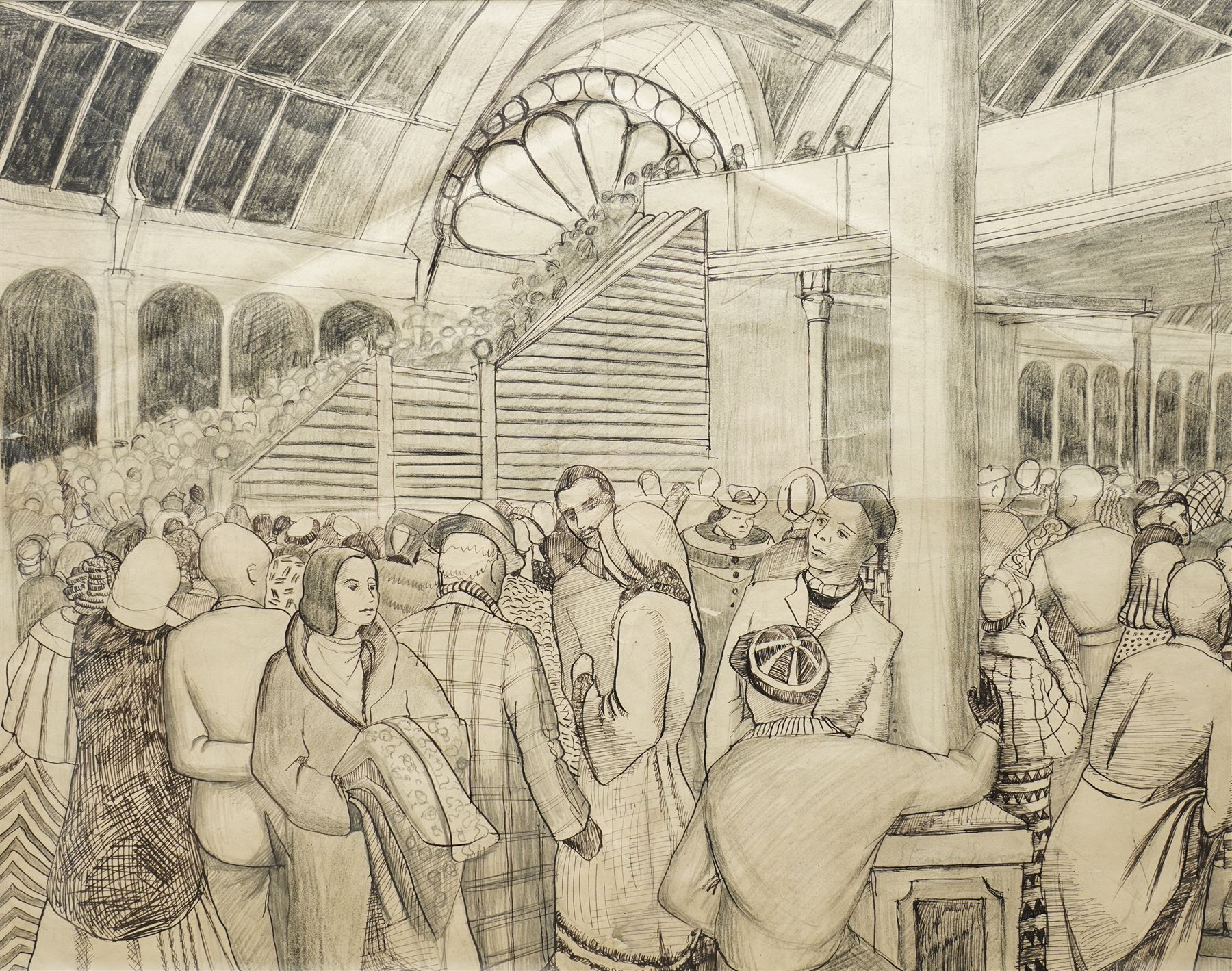 Attrib. Sir Stanley Spencer (British 1891-1959): A Bustling London Train Station, pen and pencil sketch faintly signed, circa late 1920s, 46cm x 60cm
Notes: The composition is filled with Spencer’s characteristic attention to human forms, each figure drawn with individuality and subtle emotion, capturing the energy and movement of a public space.The work's dense, rhythmic crowd scene and architectural grandeur, are reminiscent of his exploration of human interaction in both public and spiritual contexts, particularly during this time period.