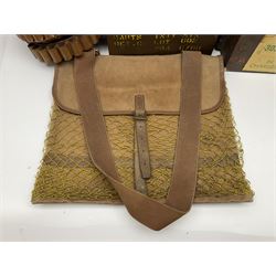 Miscellaneous shooting accessories - W.J. Bowman & Sons clay pigeon launcher; two leather cartridge belts; three cartridge bags; two canvas/leather game bags; and two metal/wooden cartridge boxes