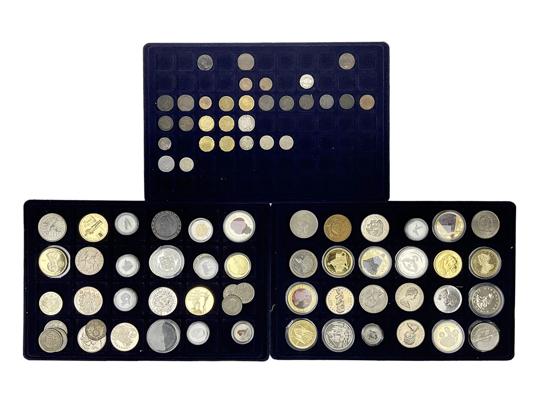 Commemorative, fantasy and other coinage, including George II 1754 farthing, George III 1773 farthing, cartwheel penny and cartwheel two pence, Queen Victoria Canada 1886 twenty five cents, various commemorative crowns etc, housed in three blue coin trays