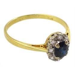 18ct gold oval sapphire and diamond cluster ring, hallmarked 