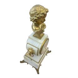 French - mid 19th century white onyx cased 8-day mantle clock with ormolu mounts on splayed feet,  surmounted by a cast brass sculpture of a young girl inscribed Mathurin Moreau, with a conforming marble dial with a gilt centre and red Roman numerals, twin train countwheel striking movement, striking the hours and half-hours on a bell. With pendulum.   