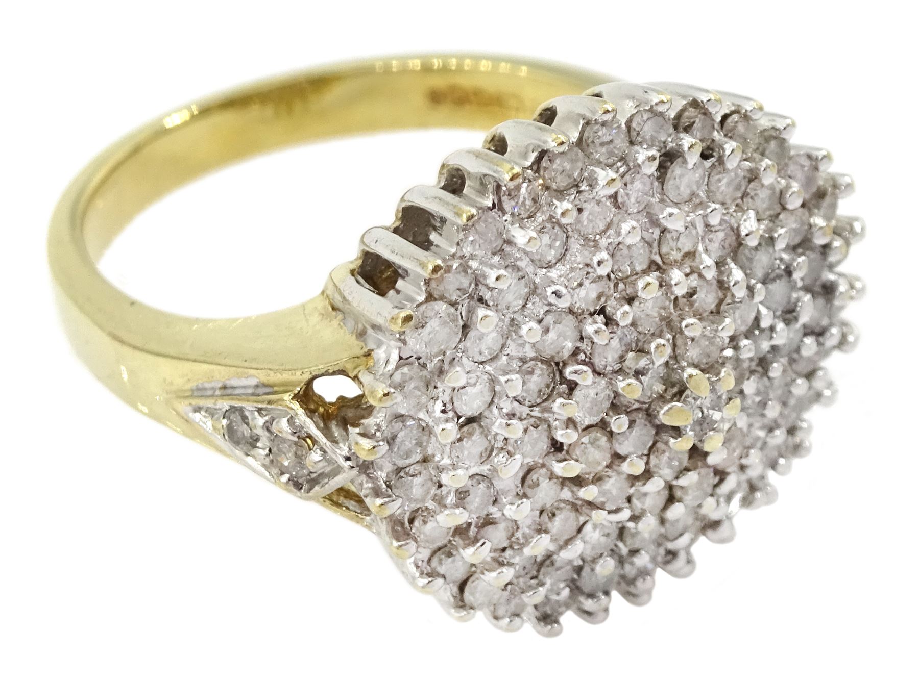 9ct gold diamond chip cluster ring, with diamond set shoulders, hallmarked, total diamond weight 1.00 carat