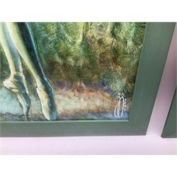 Valeko Gogiashvili (Georgian contemporary): Ballerinas in Green, near pair textured prints on board signed and dated 2004 max 60cm x 42cm (2)