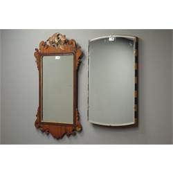  Late 19th/early 20th century Chippendale style wall mirror (90cm x 48cm), and an Art Deco bevelled mirror with checkered banding (70cm x 42cm)  