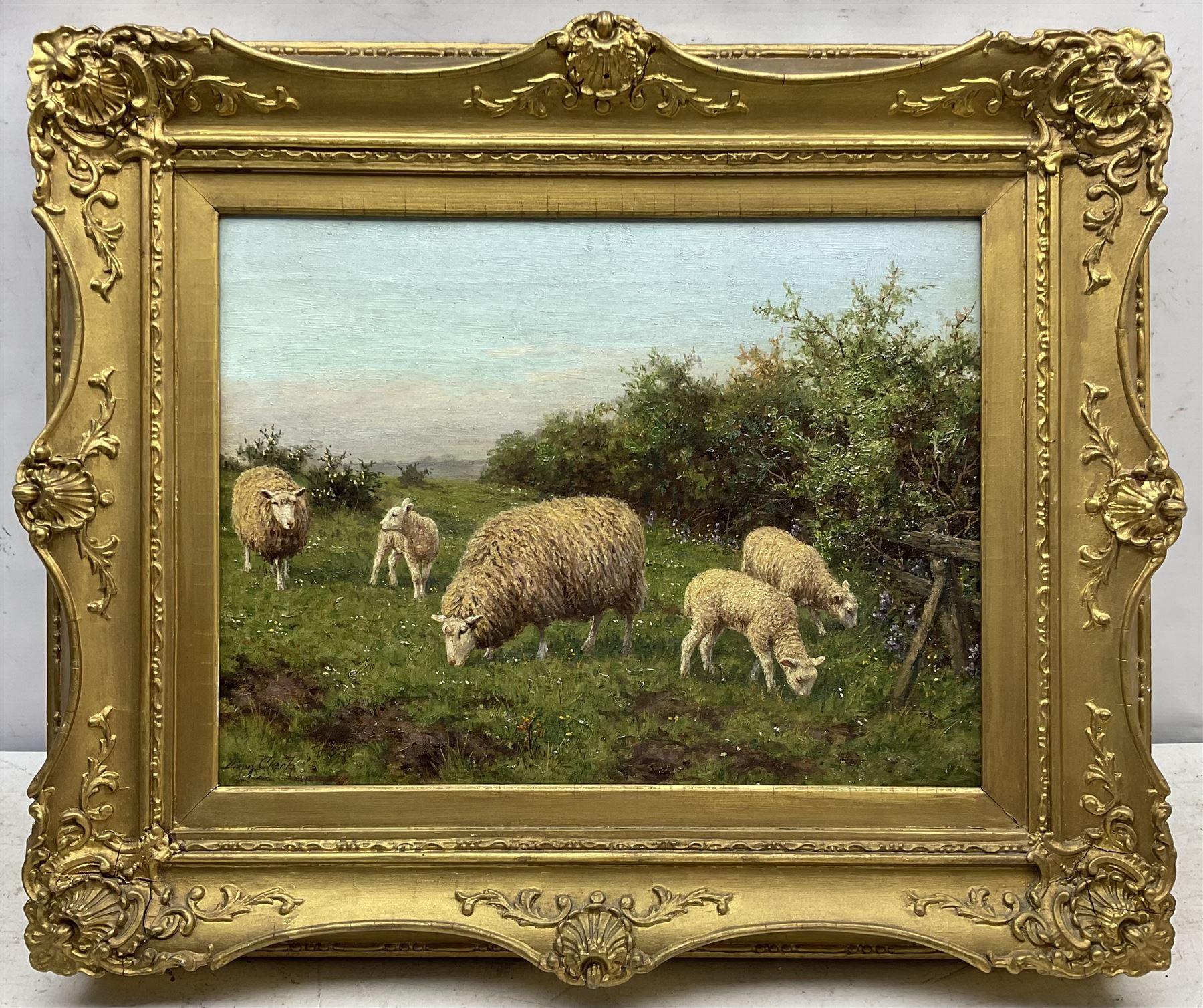 Joseph Dixon Clark (British 1849-1944): Sheep in a Meadow, oil on canvas signed 30cm x 40cm