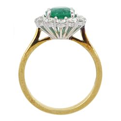 18ct gold oval emerald and round brilliant cut diamond cluster ring, hallmarked, emerald approx 1.95 carat, total diamond weight approx 0.65 carat