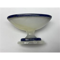 Pair of lapis lazuli and agate open salts, of navette form, upon a stepped oval pedestal foot, H5cm, L8cm