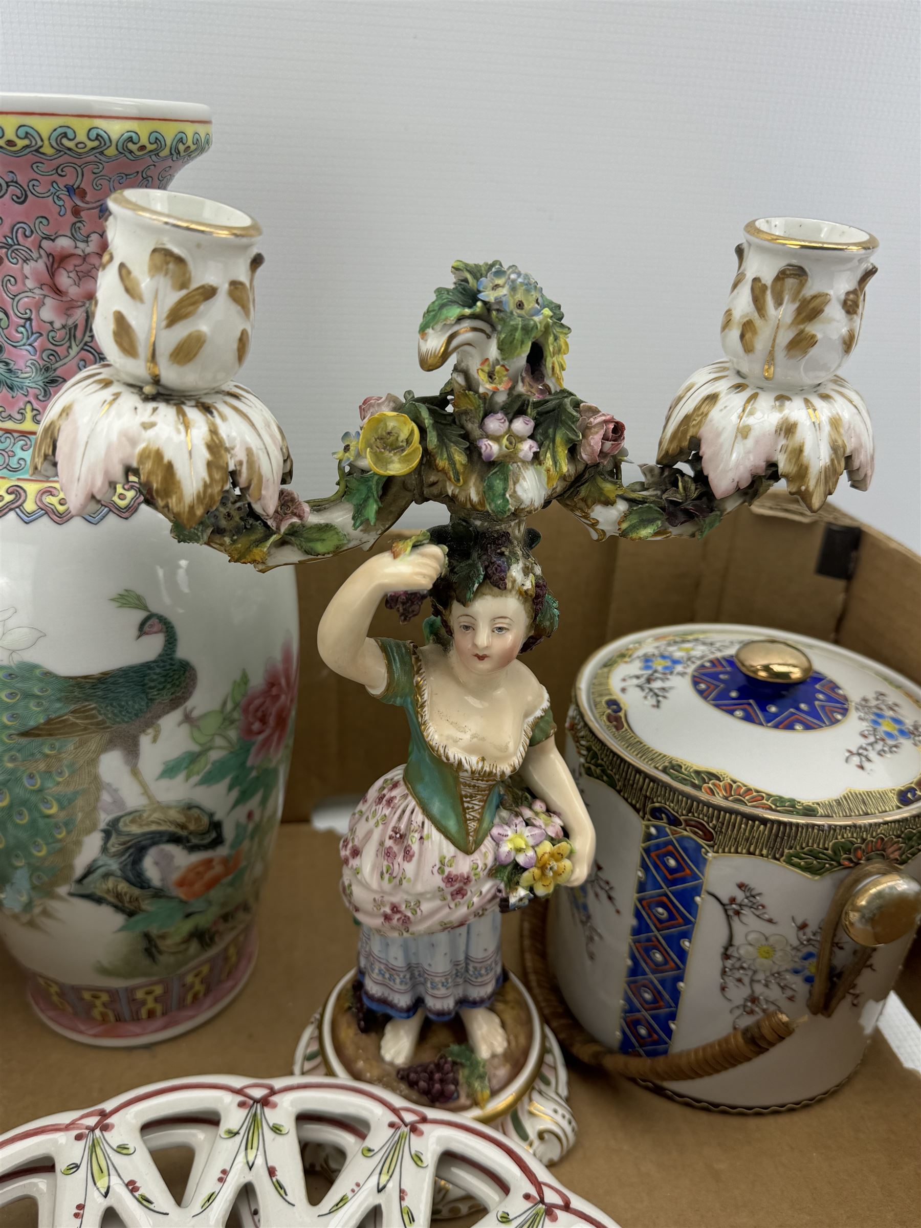 19th century figural candelabra by John Bevington, H29cm, modern Chinese vase with printed decoration, Japanese blue and white bowl, two Portuguese plates etc in one box