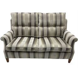 Duresta three seater sofa, walnut finish legs, silver and charcoal ombré striped upholstery 