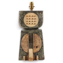 Alison Brigden for Troika - 1970s Cornish studio art pottery double bass lamp, decorated with geometric designs upon a green ground, signed to the base, without fitting H37cm
