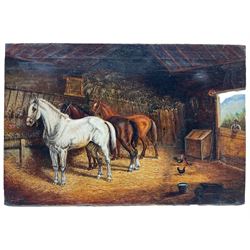 E Bogg (British early 20th century): Horses in a Stable, oil on canvas signed and dated 1912, 40cm x 61cm (unframed)