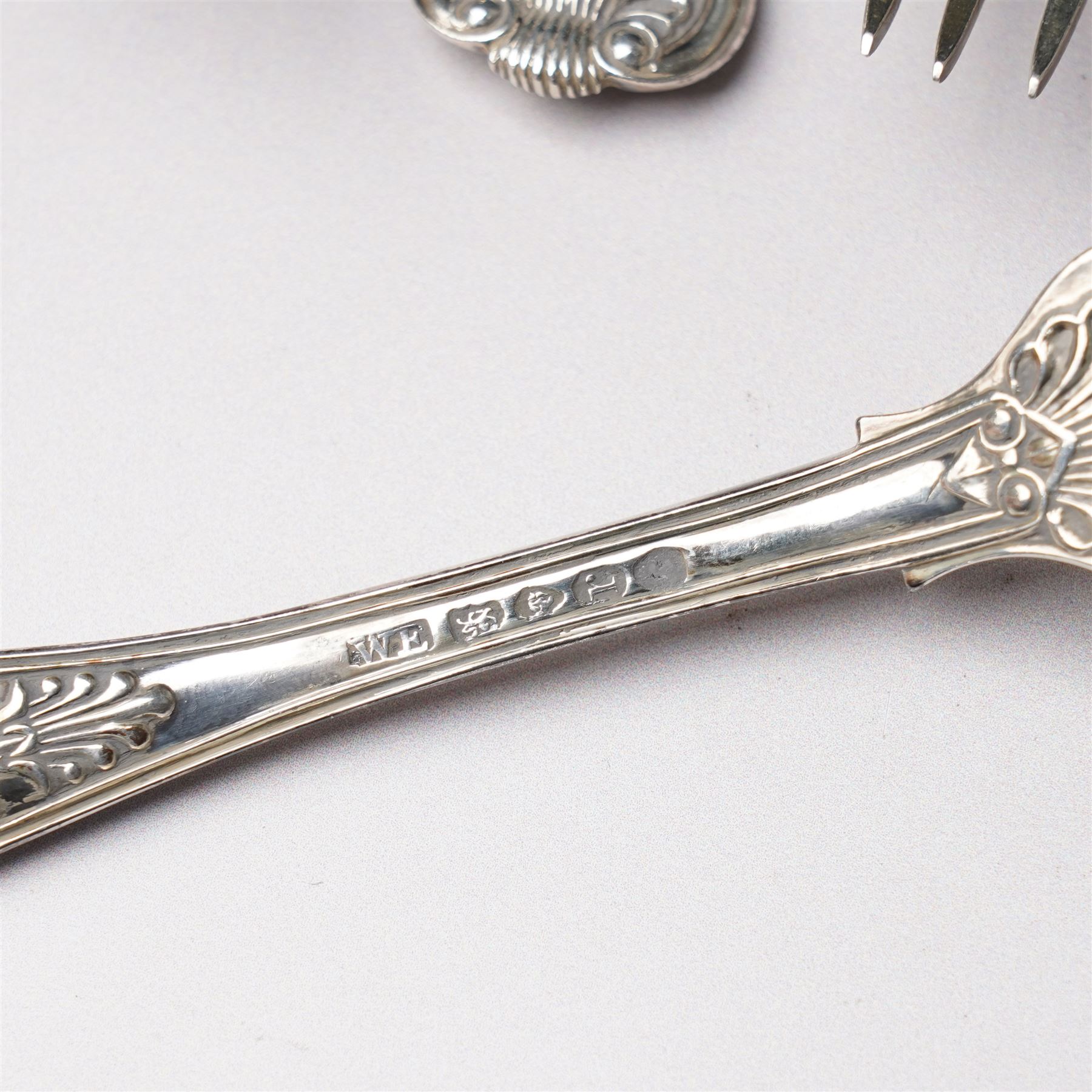 Set of six George IV silver Kings pattern dessert spoons London 1825 Maker Charles Eley  and four 19th century Kings pattern silver dessert forks, various dates