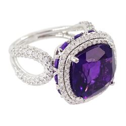 Damas 18ct white gold amethyst and diamond Vera ring, the central square cushion cut amethyst of 6.28 carat, with round brilliant cut diamond surround, pear cut amethyst gallery and diamond set shoulders, total amethyst weight 15.48 carat, total diamond weight 1.10 carat, with certificate