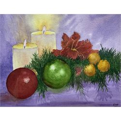 Nina Pickup (British 1947-): Still Life of Wine and Fruit and Still Life of Candles and Wreath, oil on board and watercolour, respectively, signed max 29cm x 24cm (2)