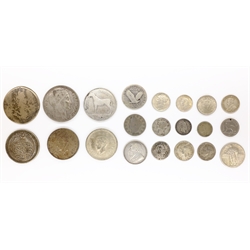  Collection of world silver coinage including 1741 Italian states 1/2 Francescone, 1863 Italian 20 Centesimi, 1895 South Africa one shilling, 1914 Canada ten cent, 1917 Egypt ten piastres, 1917 United States of America type 2 quarter dollar etc   