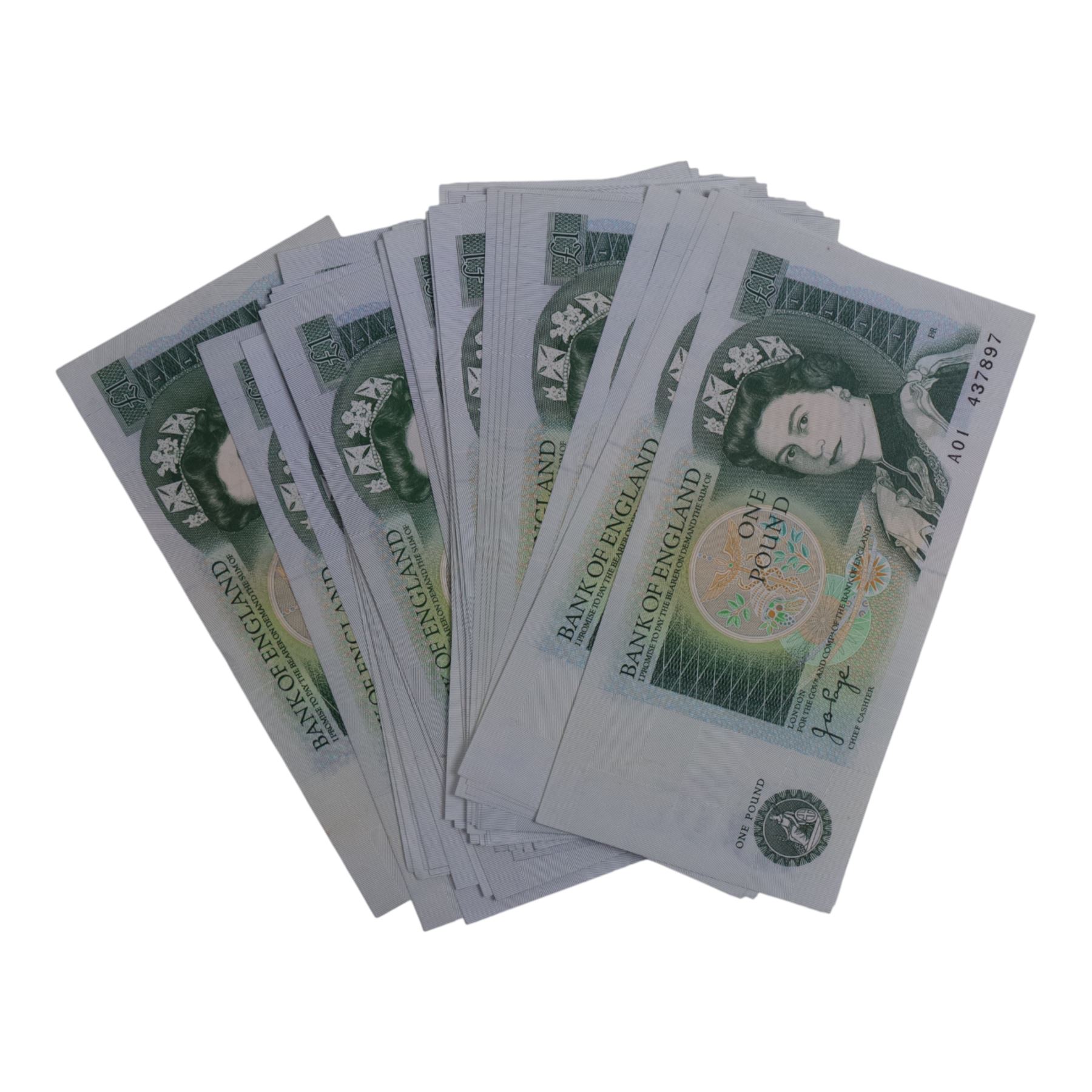 Large quantity of Queen Elizabeth II one pound notes, and five ten shilling notes