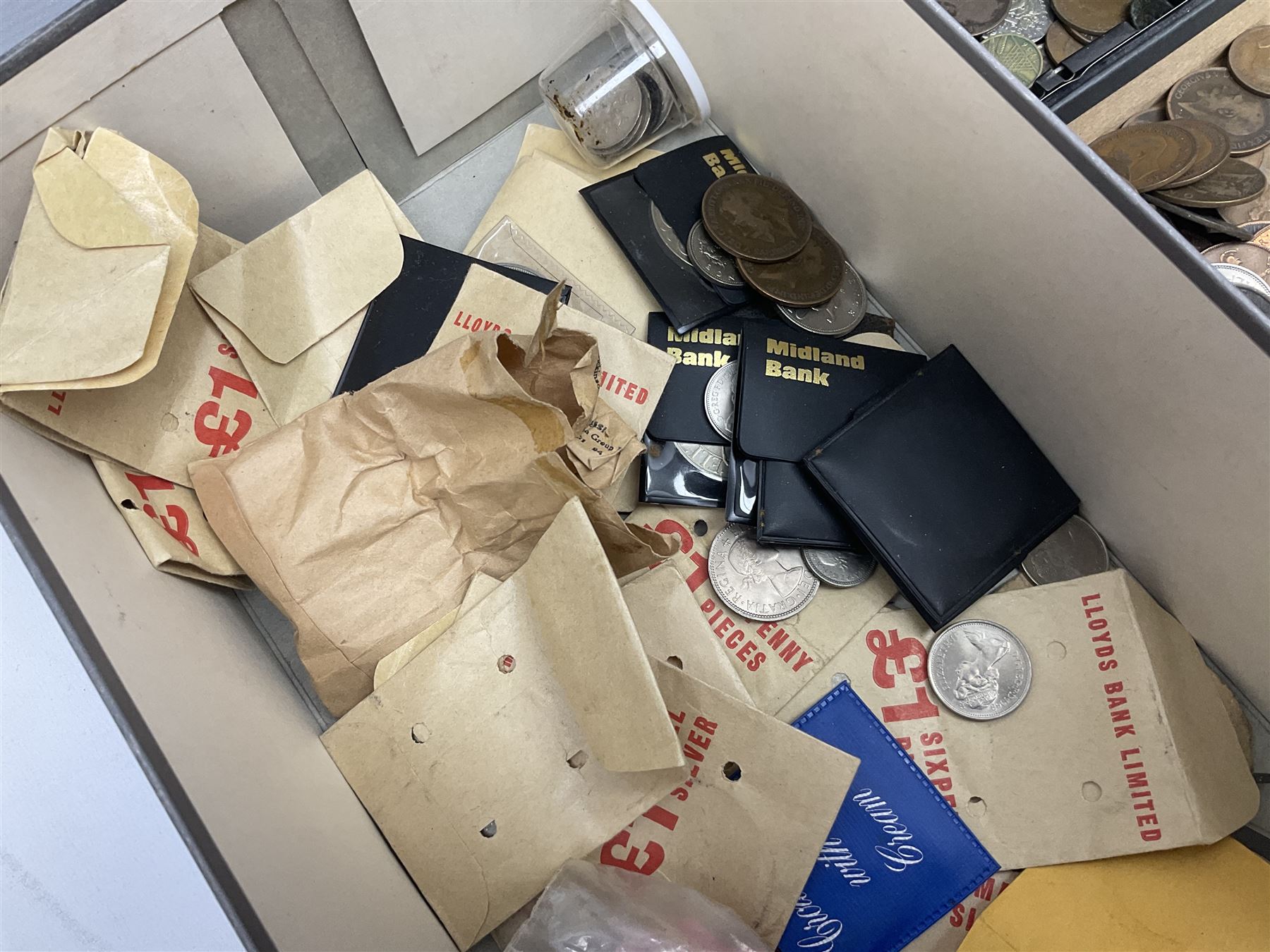 Great British and World coins and banknotes, including pre-decimal coinage, Britain's first decimal coins sets in blue folders, silver one yen coin converted into a brooch, commemorative crowns etc