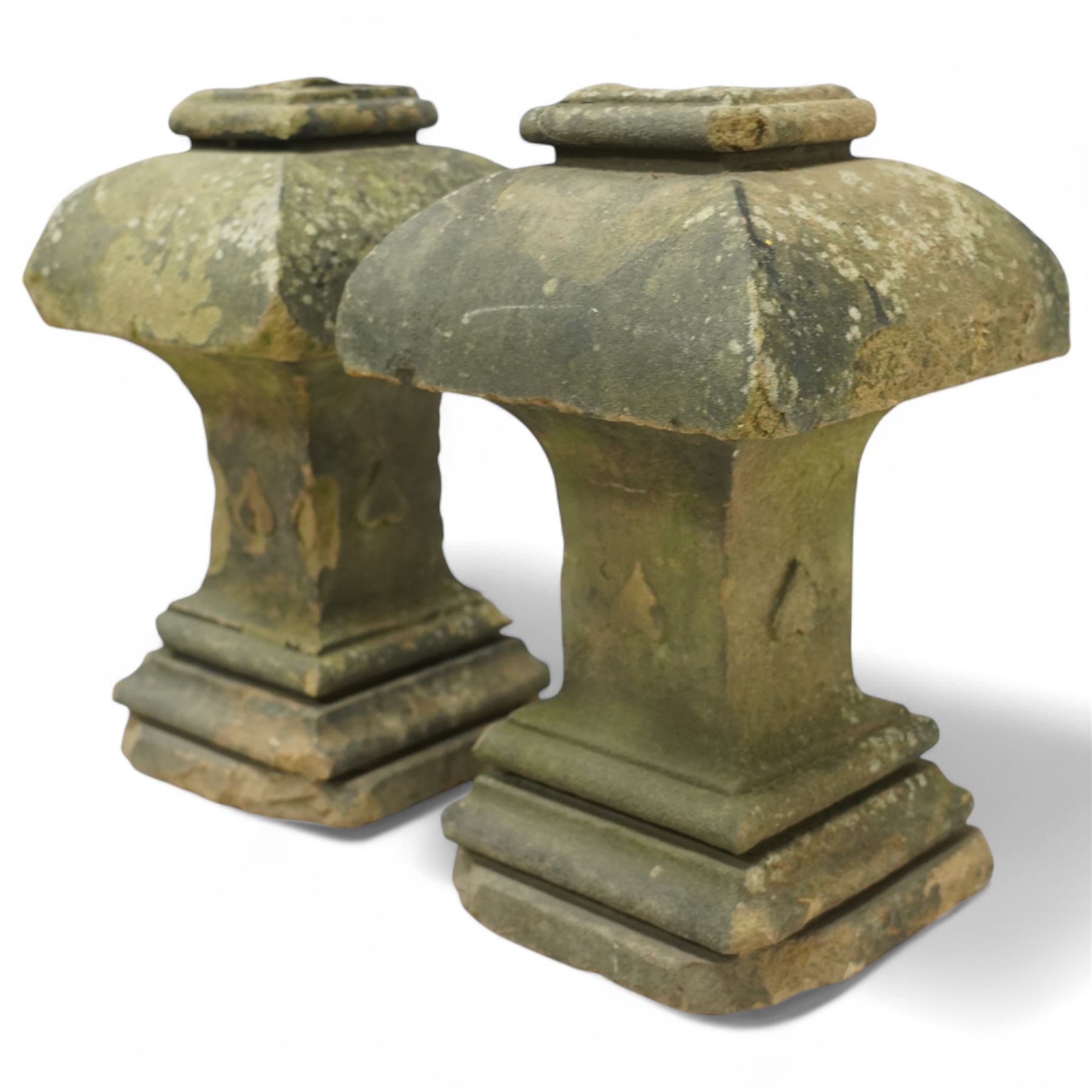 Pair of late 19th century sandstone finials, of square tapering form with with chamfered edges and on a plinth base
