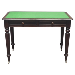  Victorian mahogany writing table with baize inset top and two frieze drawers on faceted tapering supports with brass sockets and castors, W107cm, H74cm, D58cm   
