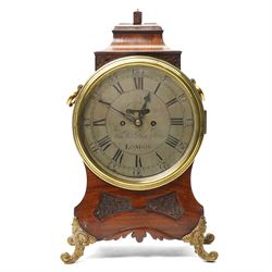 18th century bracket clock with twin chain fusee movement, the steel dial inscribed Thomas Hill, Fleet Street, London in mahogany case with blind fret carved panels, brass handles on gilt brass scroll feet with a later mahogany bracket H50cm excluding bracket