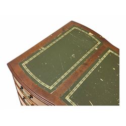 Queen Anne design burr walnut pedestal desk, of serpentine form with green tooled leather inset top, nine drawers with brass swan-neck handles, raised on bracket feet, in three parts