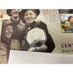 Six The Royal Mint Royal Mail fifty pence coin covers, including 1998 'NHS', 2007 'Centenary of Scouting', 2012 'Athletics' etc
