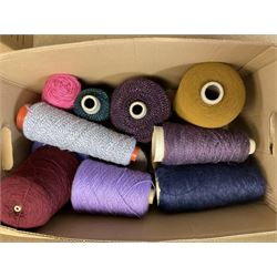  Brother cased knitting machine model KH-890 together with Brother Ribbing attachment model KH-850, knitting machine yarn cones in assorted colours, selection of knitting patterns etc