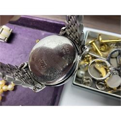 9ct gold clasp, single strand pearl necklace, with 9ct gold clasp, Tissot 1853 stainless steel and gold-plated quartz wristwatch Ref. T8701970, silver ring and a collection of vintage and later costume jewellery and watches